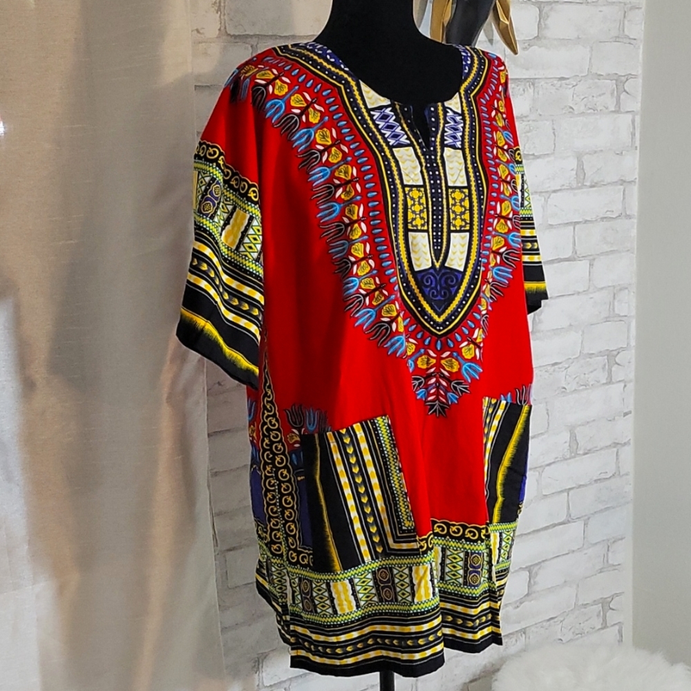 Red Short Sleeved Unisex Dashiki Top
